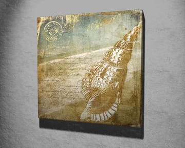 Lerretsbilde 45x45 cm - Skjell med vintage-inspirert bakgrunn og håndskrevet tekst - Beige / Brun / Lys blå - Interiør - Maleri & posters - Lerretsbilder