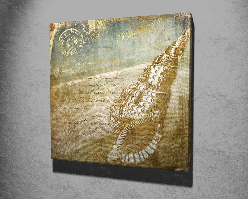 Lerretsbilde 45x45 cm - Skjell med vintage-inspirert bakgrunn og håndskrevet tekst - Beige / Brun / Lys blå - Interiør - Maleri & posters - Lerretsbilder