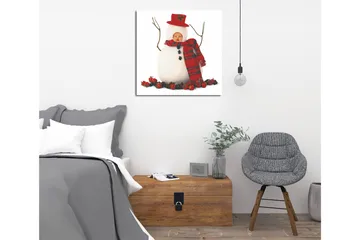 Lerretsbilde 45x45 cm - Snømann med rød lue og skjerf, omgitt av alver - Hvit / Rød / Svart - Interiør - Maleri & posters - Lerretsbilder