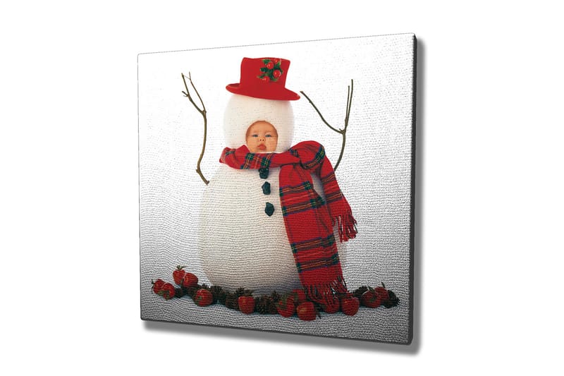 Lerretsbilde 45x45 cm - Snømann med rød lue og skjerf, omgitt av alver - Hvit / Rød / Svart - Interiør - Maleri & posters - Lerretsbilder