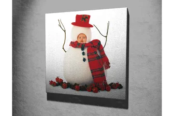 Lerretsbilde 45x45 cm - Snømann med rød lue og skjerf, omgitt av alver - Hvit / Rød / Svart - Interiør - Maleri & posters - Lerretsbilder