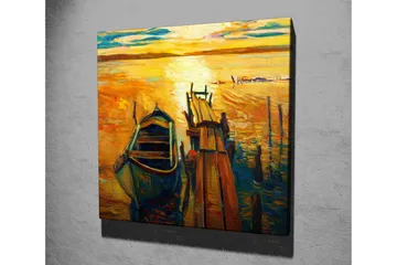 Lerretsbilde 45x45 cm - Solnedgang over en rolig innsjø med en båt ved en brygge - Gull / Blå / Grønn - Interiør - Maleri & posters - Lerretsbilder