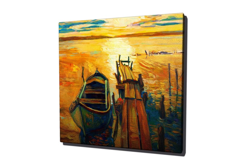 Lerretsbilde 45x45 cm - Solnedgang over en rolig innsjø med en båt ved en brygge - Gull / Blå / Grønn - Interiør - Maleri & posters - Lerretsbilder