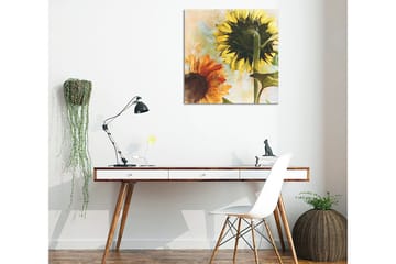 Lerretsbilde 45x45 cm - Solsikker i sterke farger - Gul / Oransje / Grønn - Interiør - Maleri & posters - Lerretsbilder