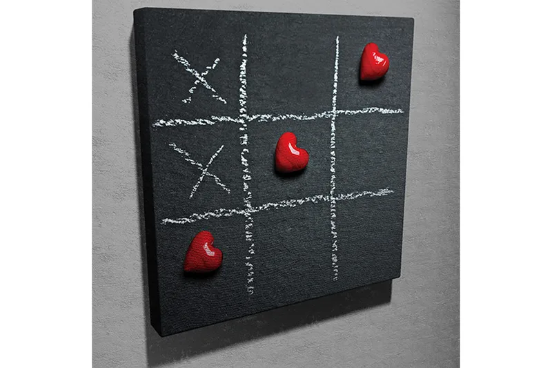 Lerretsbilde 45x45 cm - Spillbrett for tre på rad med hjerter som spillbrikker - Rød / Hvit / Svart - Interiør - Maleri & posters - Lerretsbilder