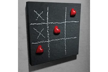Lerretsbilde 45x45 cm - Spillbrett for tre på rad med hjerter som spillbrikker - Rød / Hvit / Svart - Interiør - Maleri & posters - Lerretsbilder
