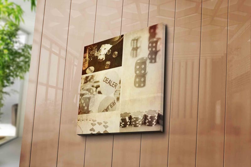 Lerretsbilde 45x45 cm - Spillrelatert komposisjon med terninger og brikker - Grå / Hvit / Beige - Interiør - Maleri & posters - Lerretsbilder