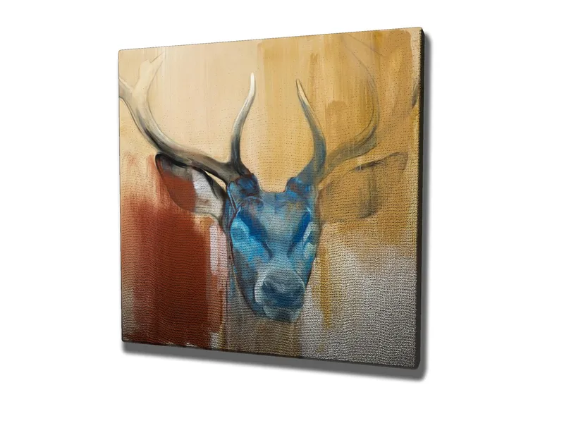 Lerretsbilde 45x45 cm - Statlig hjort med blått hode og majestetiske horn - Blå / Brun / Beige - Interiør - Maleri & posters - Lerretsbilder
