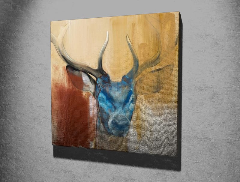 Lerretsbilde 45x45 cm - Statlig hjort med blått hode og majestetiske horn - Blå / Brun / Beige - Interiør - Maleri & posters - Lerretsbilder