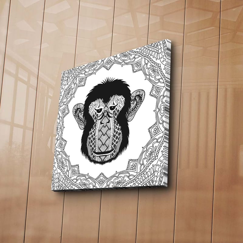 Lerretsbilde 45x45 cm - Stilisert ape med intrikate mønstre - Svart / Hvit - Interiør - Maleri & posters - Lerretsbilder