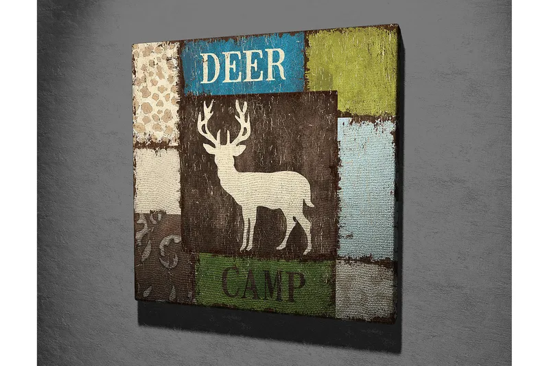 Lerretsbilde 45x45 cm - Stilisert bilde av en elg i lappeteppedesign - Brun / Grønn / Blå - Interiør - Maleri & posters - Lerretsbilder