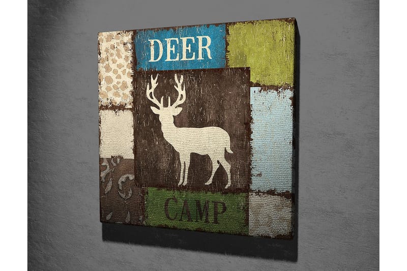 Lerretsbilde 45x45 cm - Stilisert bilde av en elg i lappeteppedesign - Brun / Grønn / Blå - Interiør - Maleri & posters - Lerretsbilder