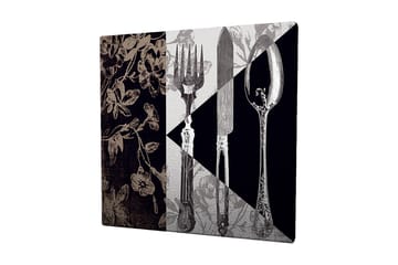 Lerretsbilde 45x45 cm - Stilisert komposisjon av bestikk og blomster - Svart / Grå / Beige - Interiør - Maleri & posters - Lerretsbilder