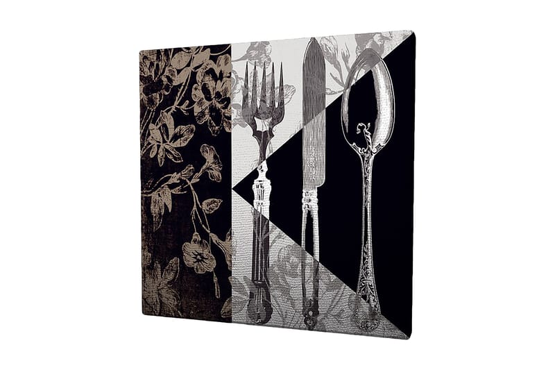 Lerretsbilde 45x45 cm - Stilisert komposisjon av bestikk og blomster, Svart / Grå / Beige