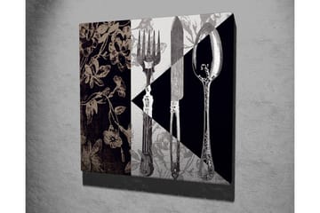 Lerretsbilde 45x45 cm - Stilisert komposisjon av bestikk og blomster - Svart / Grå / Beige - Interiør - Maleri & posters - Lerretsbilder