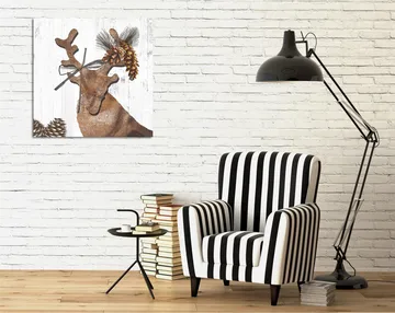 Lerretsbilde 45x45 cm - Stilisert reinsdyr med kongler og grøntområder som dekorasjon - Brun / Beige / Grønn - Interiør - Maleri & posters - Lerretsbilder