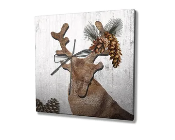 Lerretsbilde 45x45 cm - Stilisert reinsdyr med kongler og grøntområder som dekorasjon - Brun / Beige / Grønn - Interiør - Maleri & posters - Lerretsbilder