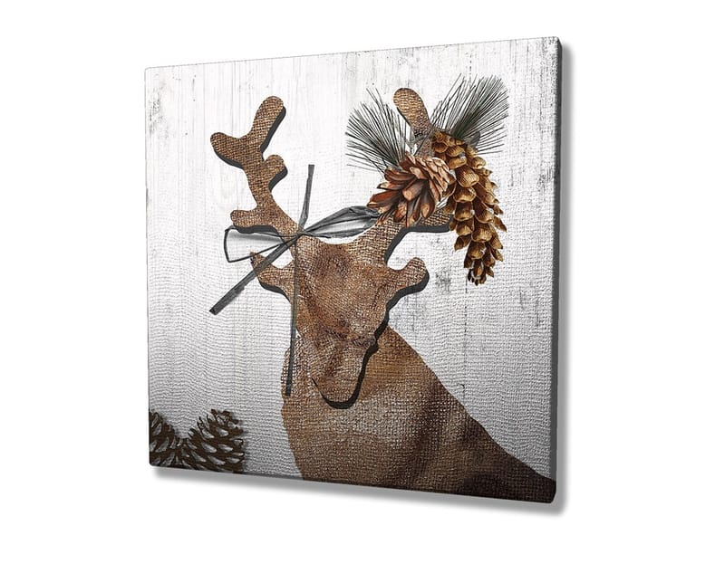 Lerretsbilde 45x45 cm - Stilisert reinsdyr med kongler og grøntområder som dekorasjon - Brun / Beige / Grønn - Interiør - Maleri & posters - Lerretsbilder
