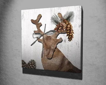 Lerretsbilde 45x45 cm - Stilisert reinsdyr med kongler og grøntområder som dekorasjon - Brun / Beige / Grønn - Interiør - Maleri & posters - Lerretsbilder