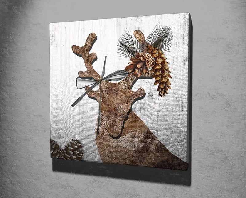 Lerretsbilde 45x45 cm - Stilisert reinsdyr med kongler og grøntområder som dekorasjon - Brun / Beige / Grønn - Interiør - Maleri & posters - Lerretsbilder