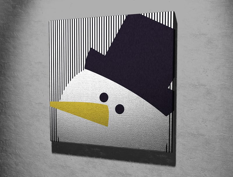 Lerretsbilde 45x45 cm - Stilisert snømann med hatt og gult nebb - Svart / Hvit / Gul - Interiør - Maleri & posters - Lerretsbilder