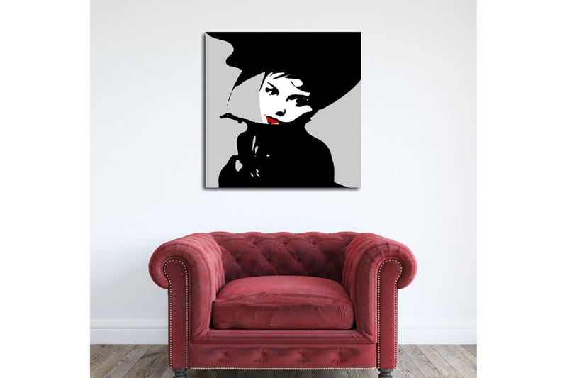 Lerretsbilde 45x45 cm - Stilisert portrett av en kvinne med hatt og rød leppestift - Svart / Hvit / Grå - Interiør - Maleri & posters - Lerretsbilder