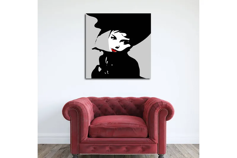 Lerretsbilde 45x45 cm - Stilisert portrett av en kvinne med hatt og rød leppestift, Svart / Hvit / Grå