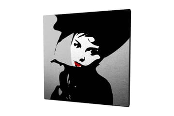 Lerretsbilde 45x45 cm - Stilisert portrett av en kvinne med hatt og rød leppestift - Svart / Hvit / Grå - Interiør - Maleri & posters - Lerretsbilder