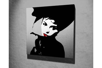 Lerretsbilde 45x45 cm - Stilisert portrett av en kvinne med hatt og rød leppestift - Svart / Hvit / Grå - Interiør - Maleri & posters - Lerretsbilder
