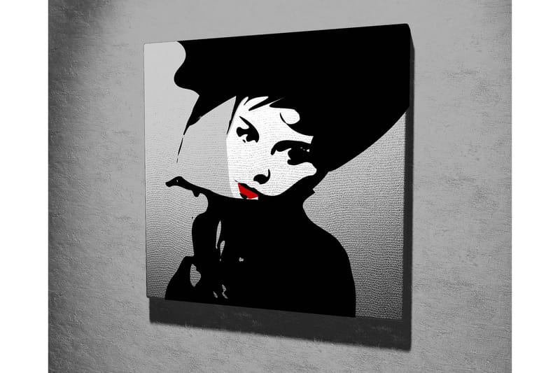 Lerretsbilde 45x45 cm - Stilisert portrett av en kvinne med hatt og rød leppestift - Svart / Hvit / Grå - Interiør - Maleri & posters - Lerretsbilder