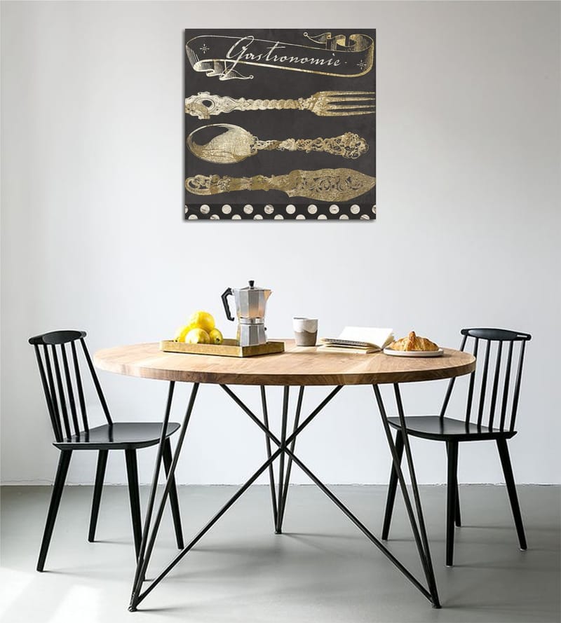 Lerretsbilde 45x45 cm - Stiliserte kjøkkenredskaper i gull mot mørk bakgrunn, Gull / Svart