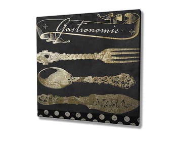 Lerretsbilde 45x45 cm - Stiliserte kjøkkenredskaper i gull mot mørk bakgrunn - Gull / Svart - Interiør - Maleri & posters - Lerretsbilder