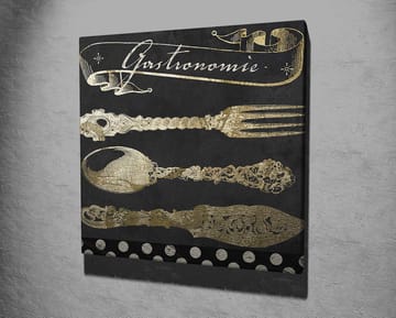 Lerretsbilde 45x45 cm - Stiliserte kjøkkenredskaper i gull mot mørk bakgrunn - Gull / Svart - Interiør - Maleri & posters - Lerretsbilder