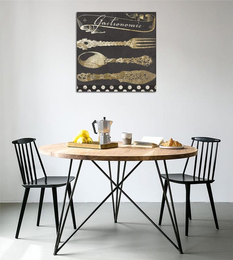 Lerretsbilde 45x45 cm - Stiliserte kjøkkenredskaper i gull mot mørk bakgrunn - Gull / Svart - Interiør - Maleri & posters - Lerretsbilder