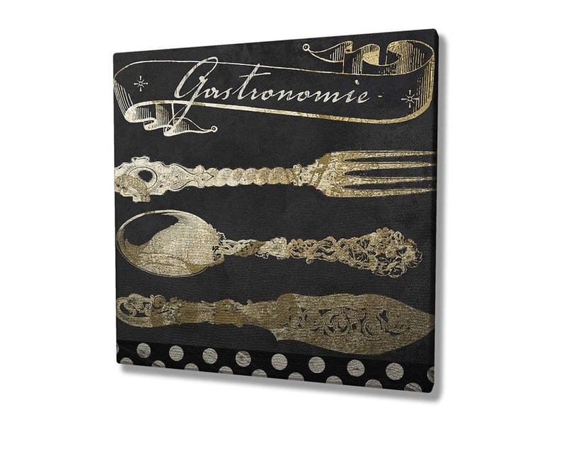 Lerretsbilde 45x45 cm - Stiliserte kjøkkenredskaper i gull mot mørk bakgrunn - Gull / Svart - Interiør - Maleri & posters - Lerretsbilder