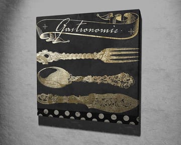 Lerretsbilde 45x45 cm - Stiliserte kjøkkenredskaper i gull mot mørk bakgrunn - Gull / Svart - Interiør - Maleri & posters - Lerretsbilder