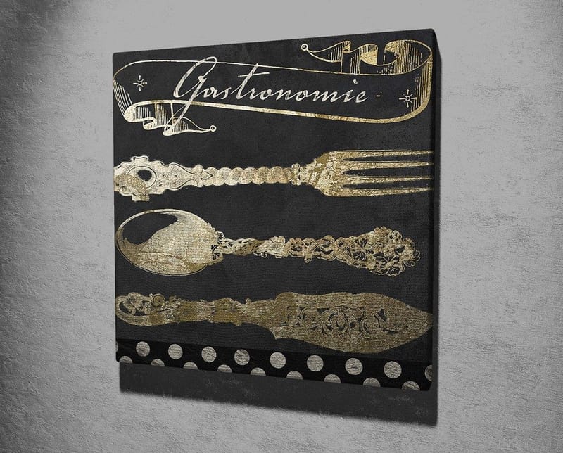 Lerretsbilde 45x45 cm - Stiliserte kjøkkenredskaper i gull mot mørk bakgrunn - Gull / Svart - Interiør - Maleri & posters - Lerretsbilder