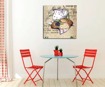 Lerretsbilde 45x45 cm - Stillhet med en mugge, brød og oliven på lerret - Beige / Grønn / Brun - Interiør - Maleri & posters - Lerretsbilder