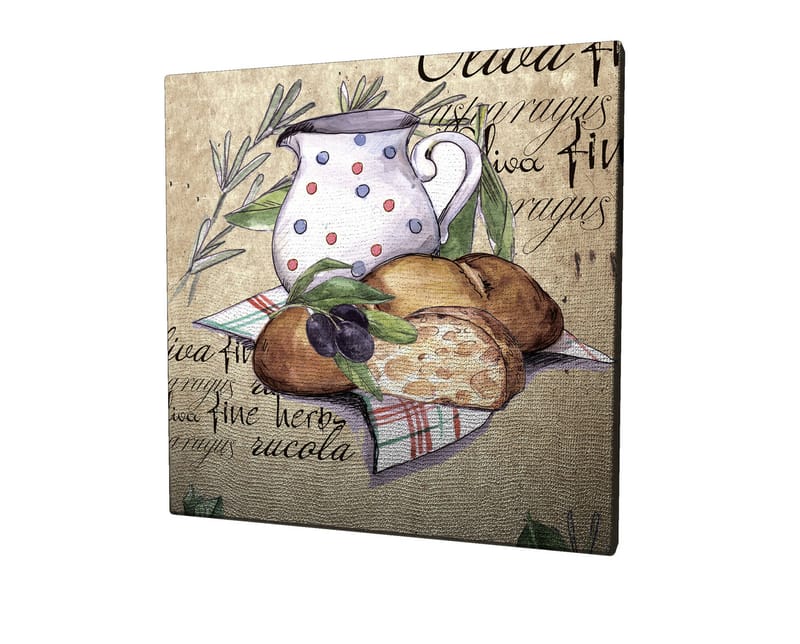 Lerretsbilde 45x45 cm - Stillhet med en mugge, brød og oliven på lerret - Beige / Grønn / Brun - Interiør - Maleri & posters - Lerretsbilder