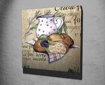 Lerretsbilde 45x45 cm - Stillhet med en mugge, brød og oliven på lerret - Beige / Grønn / Brun - Interiør - Maleri & posters - Lerretsbilder