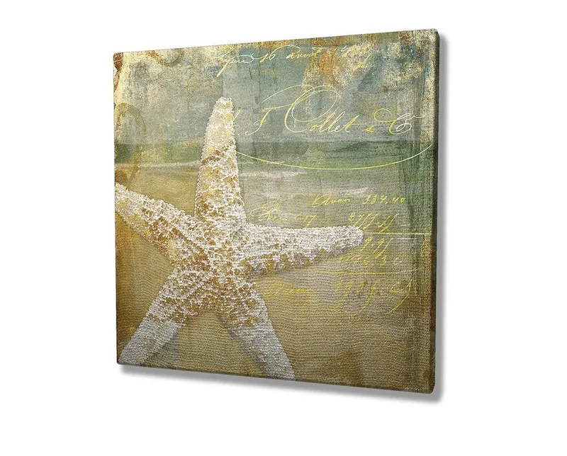 Lerretsbilde 45x45 cm - Stjerne i sand med vintageinspirert bakgrunn - Gull / Beige / Lys blå - Interiør - Maleri & posters - Lerretsbilder