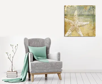 Lerretsbilde 45x45 cm - Stjerne i sand med vintageinspirert bakgrunn - Gull / Beige / Lys blå - Interiør - Maleri & posters - Lerretsbilder