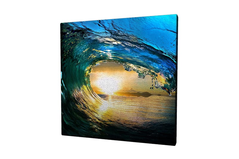 Lerretsbilde 45x45 cm - Storslått bølge som fanger solnedgangens lys, Blå / Grønn / Gyllen