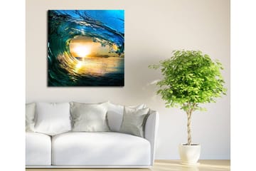 Lerretsbilde 45x45 cm - Storslått bølge som fanger solnedgangens lys - Blå / Grønn / Gyllen - Interiør - Maleri & posters - Lerretsbilder