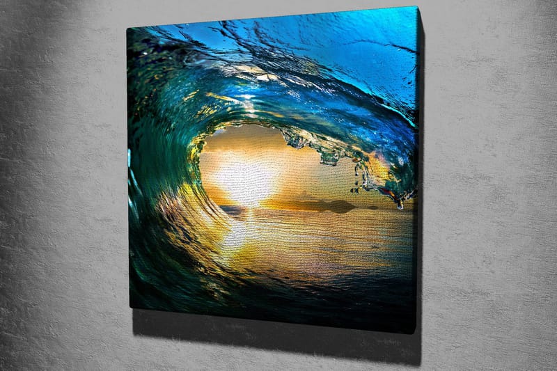 Lerretsbilde 45x45 cm - Storslått bølge som fanger solnedgangens lys - Blå / Grønn / Gyllen - Interiør - Maleri & posters - Lerretsbilder