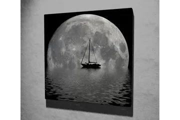 Lerretsbilde 45x45 cm - Storslått fullmåne speilet i vannet med en seilbåt i forgrunnen - Grå / Svart - Interiør - Maleri & posters - Lerretsbilder