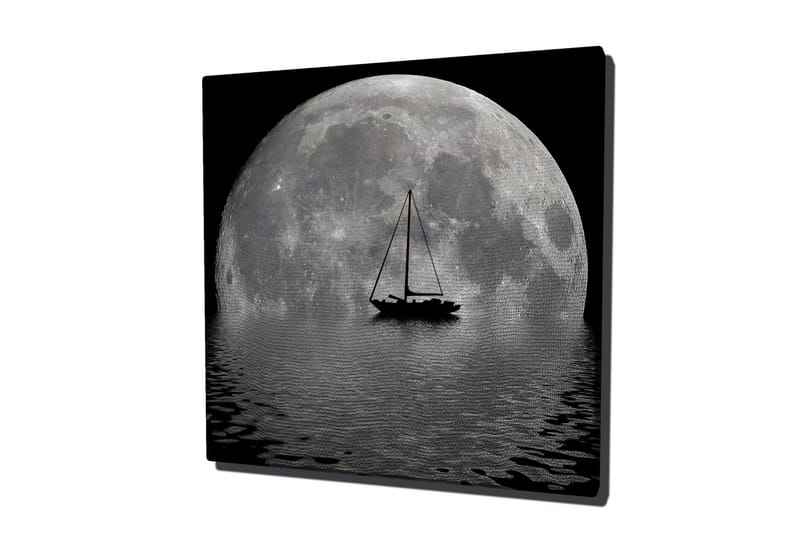Lerretsbilde 45x45 cm - Storslått fullmåne speilet i vannet med en seilbåt i forgrunnen - Grå / Svart - Interiør - Maleri & posters - Lerretsbilder