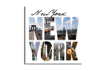 Lerretsbilde 45x45 cm - Storslått kollasj av New Yorks ikoniske landemerker - Gul / Blå / Grå - Interiør - Maleri & posters - Lerretsbilder