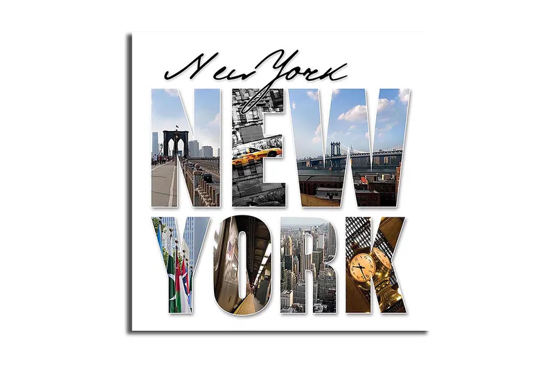 Lerretsbilde 45x45 cm - Storslått kollasj av New Yorks ikoniske landemerker - Gul / Blå / Grå - Interiør - Maleri & posters - Lerretsbilder