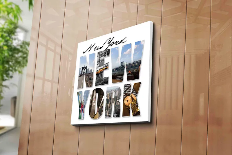 Lerretsbilde 45x45 cm - Storslått kollasj av New Yorks ikoniske landemerker - Gul / Blå / Grå - Interiør - Maleri & posters - Lerretsbilder